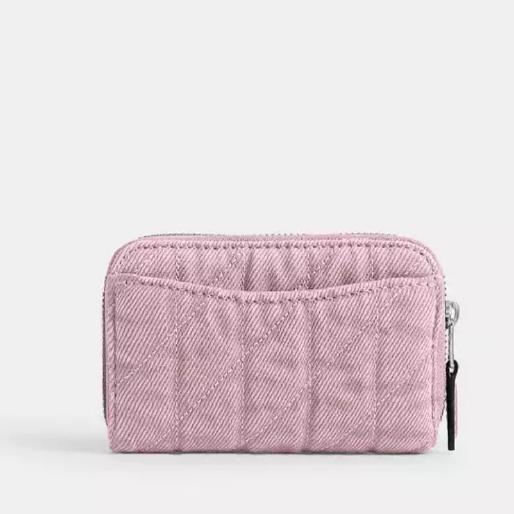 New Coach Essential Small Zip Around Wallet With Quilting In Pink Denim - Picture 2 of 10